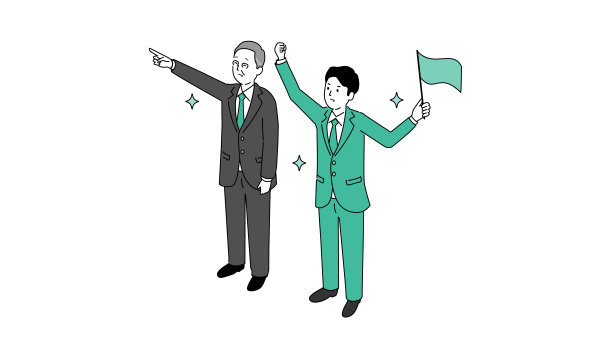 商人用旗帜和指向资深商人，积极的情绪，矢量插图图片下载