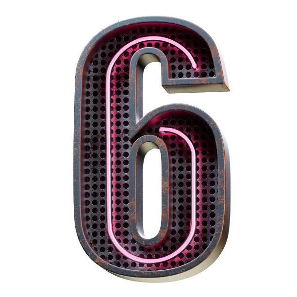 3D插图粉红霓虹灯数字数字字符6字体。黑色生锈金属盒内的粉色发光效果。3d渲染孤立在白色背景。图片下载