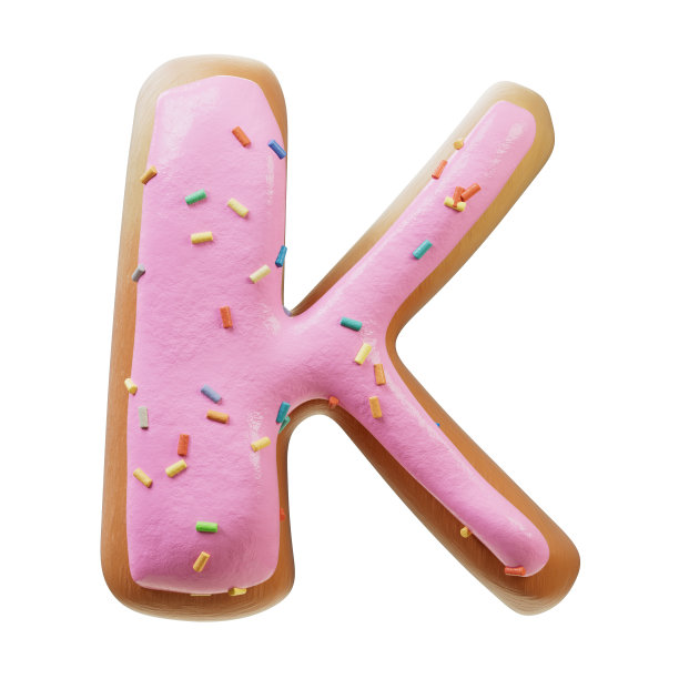 3D插图玫瑰釉面甜甜圈字体概念。面包店甜蜜的字母表。美味的字母k 3d渲染孤立在白色背景。图片下载