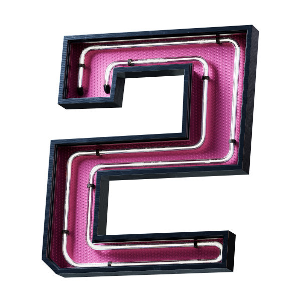 3D插图白色霓虹灯数字数字字符2字体。白色发光效果，黑色金属盒，粉红色底板。3d渲染孤立在白色背景。图片下载