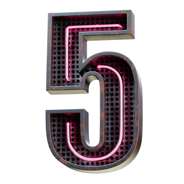 3D插图的粉红色霓虹灯数字数字字符5字体。黑色生锈金属盒内的粉色发光效果。3d渲染孤立在白色背景。图片下载