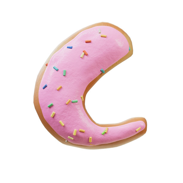 3D插图玫瑰釉面甜甜圈字体概念。面包店甜蜜的字母表。美味的字母c 3d渲染孤立在白色背景。图片下载