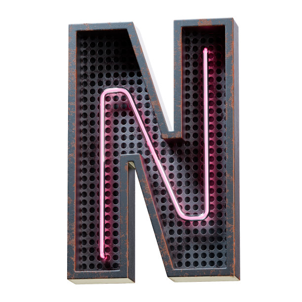 3D插图粉色霓虹灯字母字符大写字母n霓虹灯管大写字母在黑色生锈的金属盒中的粉色发光效果。3d渲染孤立在白色背景。图片下载