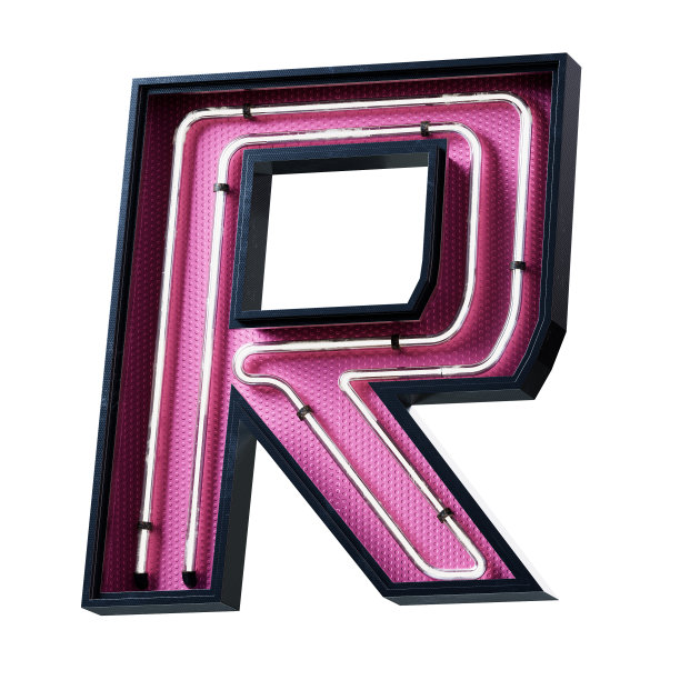 3D效图白色霓虹灯字母大写字母r霓虹灯管大写字母白色发光效果，黑色金属盒，粉红色底板。3d渲染孤立在白色背景。图片下载