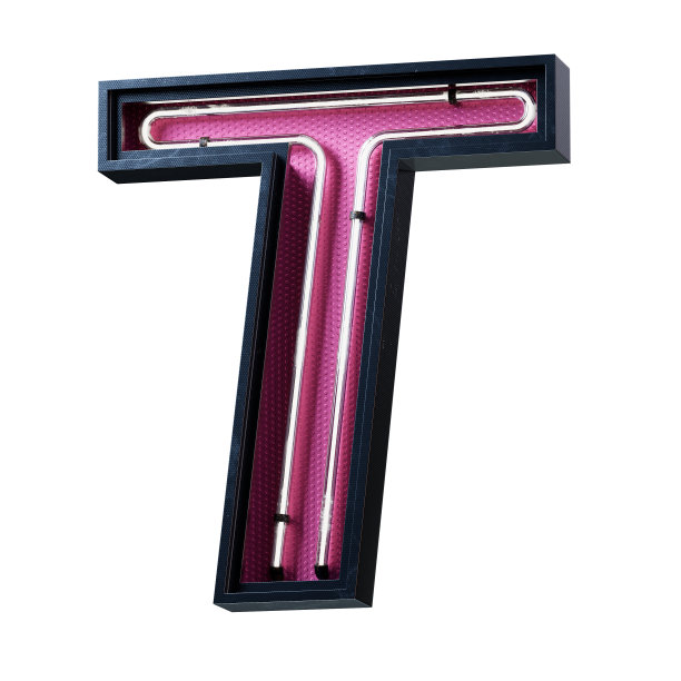 白色霓虹灯字母字母大写字母t的3D插图霓虹灯管大写字母白色发光效果在黑色金属盒与粉红色底板。3d渲染孤立在白色背景。图片下载