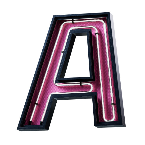 白色霓虹灯字母大写字母a的3D插图霓虹灯管大写字母白色发光效果，黑色金属盒，粉红色底板。3d渲染孤立在白色背景。图片下载