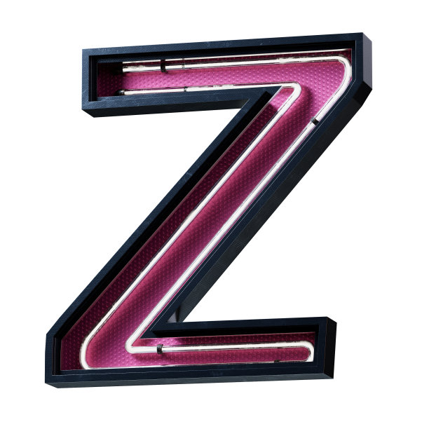 3D插图白色霓虹灯字母字母大写字母z霓虹灯管大写字母白色发光效果在黑色金属盒与粉红色底板。3d渲染孤立在白色背景。图片下载
