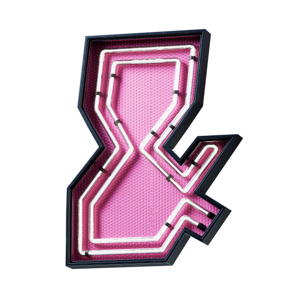 3D插图白色霓虹灯标志字体&。霓虹灯灯管字体白色发光效果在黑色金属盒与粉红色的底板。3d渲染孤立在白色背景。图片下载