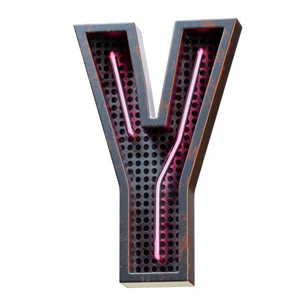 3D插图粉红色霓虹灯字母字符大写字母y霓虹灯管大写字母在黑色生锈的金属盒粉红色发光效果。3d渲染孤立在白色背景。图片下载