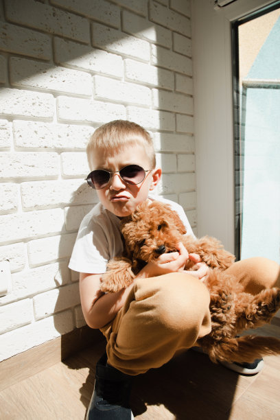 一个戴墨镜的男孩坐在砖墙旁，带着一只小狗微笑图片下载