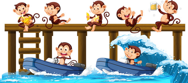 许多猴子在冲浪板上冲浪图片下载