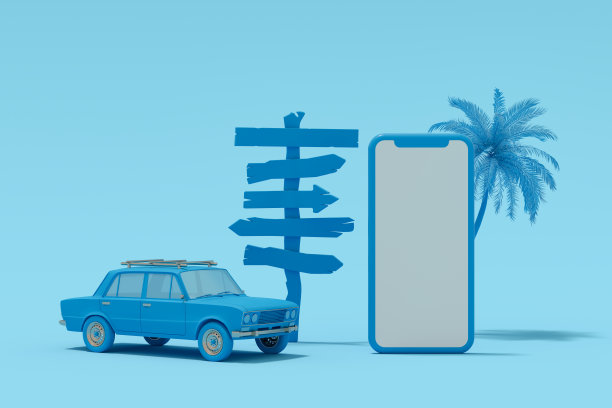 黑屏智能手机和路牌暑期度假旅游目的地与汽车蓝色的背景图片下载