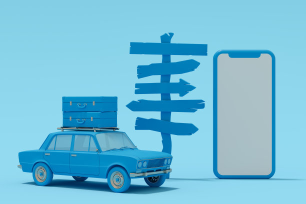 黑屏智能手机和路牌暑期度假旅游目的地与汽车蓝色的背景图片下载