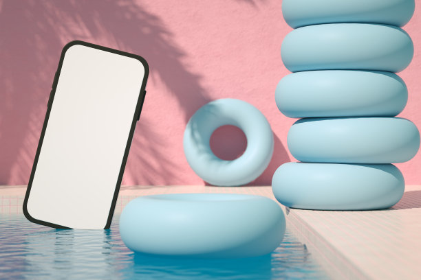 黑屏智能手机和游泳池夏季度假旅游背景棕榈树的影子图片下载