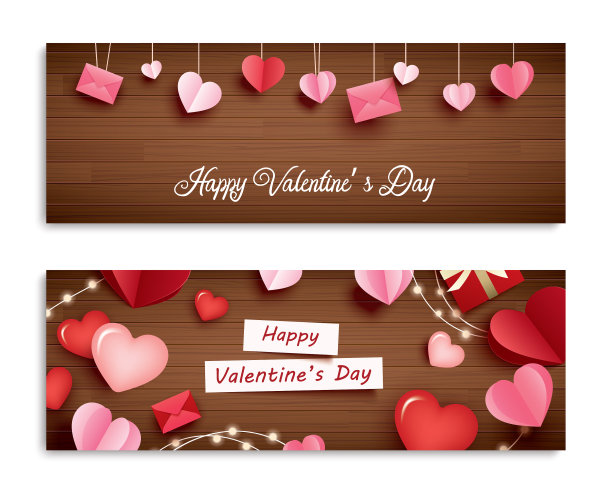 情人节横幅与心在木制图片下载