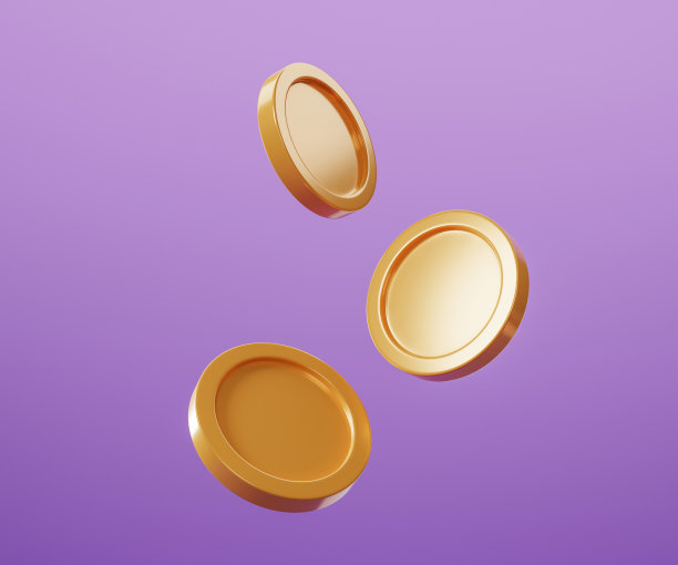 硬币运动上紫色的背景，硬币图标符号。三维演示图片下载