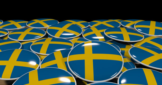 一张木制桌子上的瑞典国旗别针的3D渲染，展示了政治、支持和民族主义图片下载