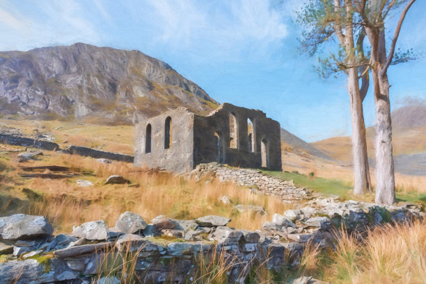 Cwmorthin Terrace和Rhosydd Slate Quarry的数字绘画，Blaenau Ffestiniog图片下载