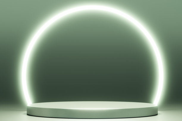轻金属讲台与霓虹灯在绿色的背景。产品展示，模型展示，化妆产品展示，讲台，台座或平台。图片下载