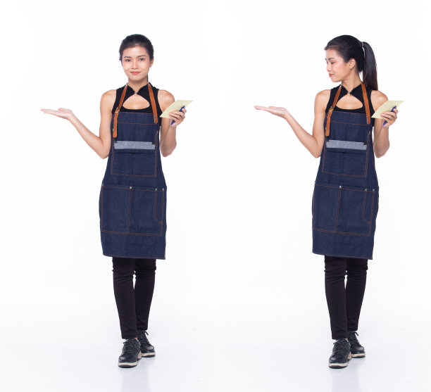 完整的30岁亚洲女性咖啡师服务员菜单，显示空手掌图片下载