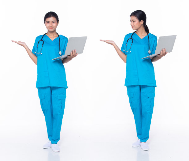 全长30多岁的亚洲女科学家外科医生，显示空手掌图片下载