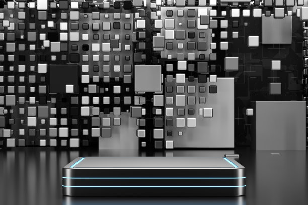 他们立方体的未来背景。领奖台为您的设计产品在未来的风格。展示产品的技术风格。3 d渲染。图片下载