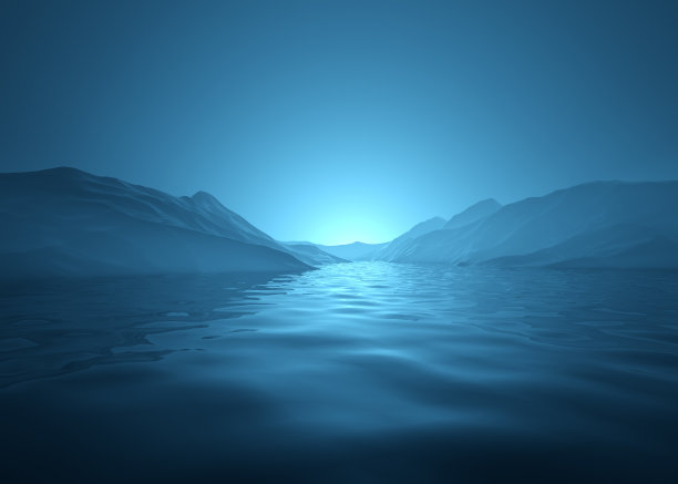 蓝色日出风景3D渲染渲染山脉和平静的水背景图片下载
