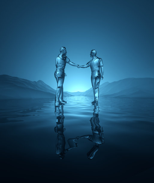 概念3D渲染插图2半透明男人握手站在水上图片下载