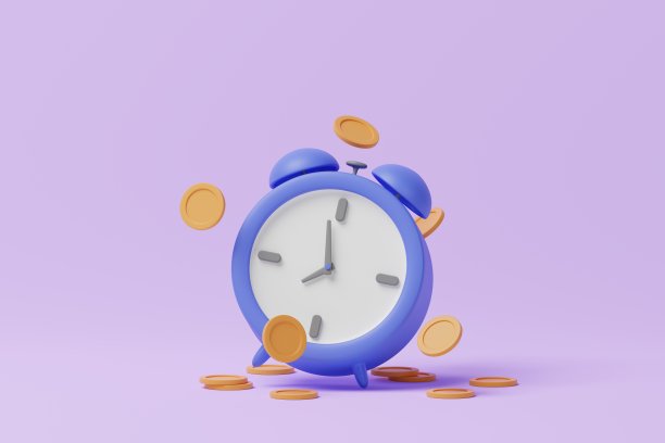 蓝色卡通闹钟，紫色硬币。在观念中时间是最宝贵的。三维渲染图片下载