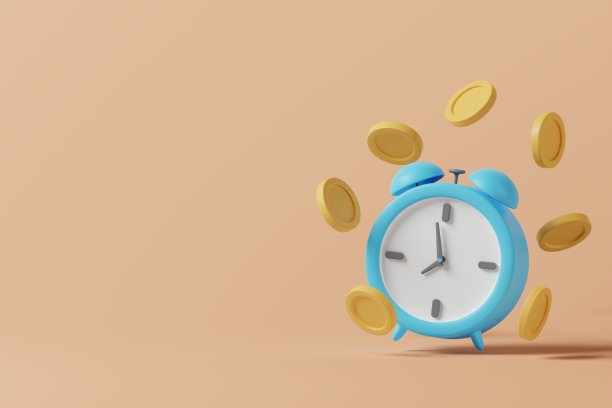 卡通闹钟与货币硬币。在观念中时间是最宝贵的。三维渲染图片下载