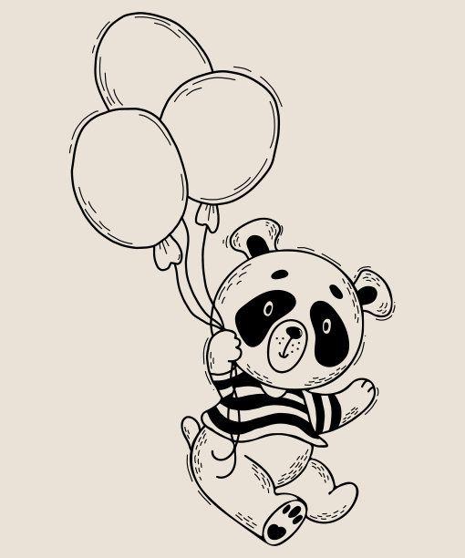 穿着条纹t恤的可爱熊猫在气球上飞翔图片下载