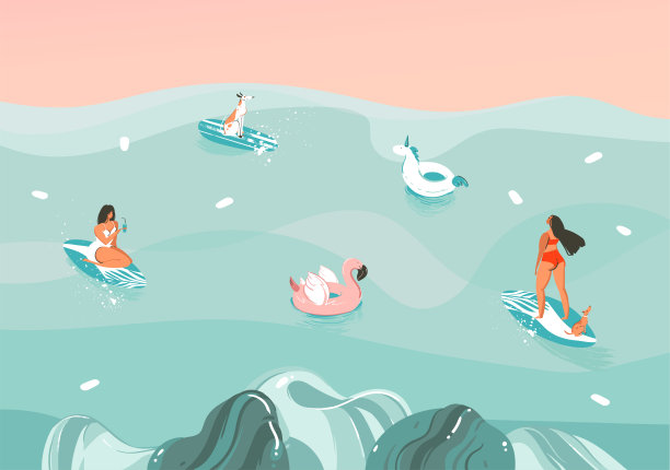 手绘矢量股票抽象图形插图与有趣的日光浴家庭人群在海浪景观，游泳和冲浪孤立的颜色背景图片下载