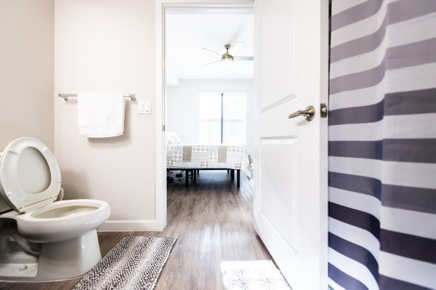 空主浴室浴室内部在新的现代豪华公寓住宅白色马桶盖地毯打开门到明亮的卧室和浴帘图片下载