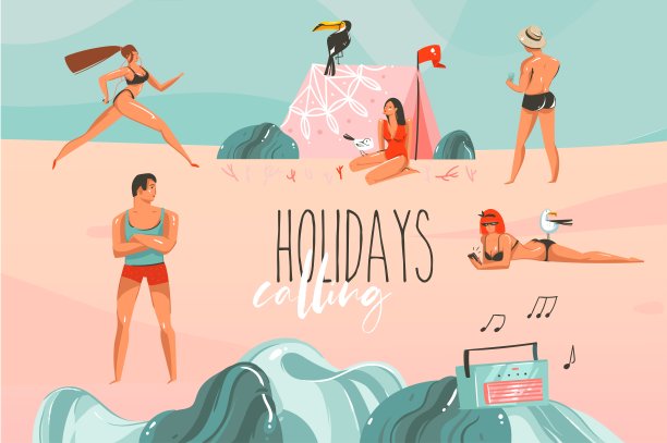 手绘矢量股票抽象图形插图与晒太阳的人组，在海洋海滩景观和假期的营地帐篷呼吁排版文字孤立的颜色背景图片下载