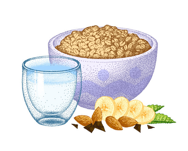 格兰诺拉麦片酸奶。碗里的燕麦粒。燕麦片健康的早餐。粥和酸奶用玻璃杯喝。燕麦片。向量现实的草图。图片下载