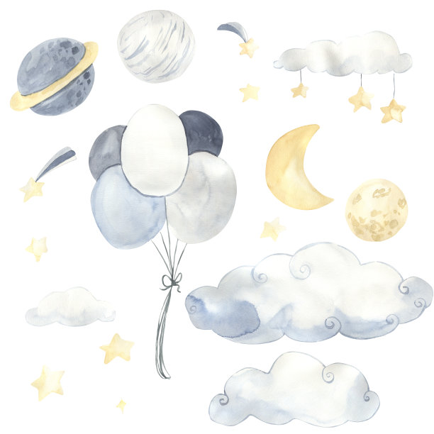 水彩天空元素。行星，云，恒星，气球。说明对孩子图片下载