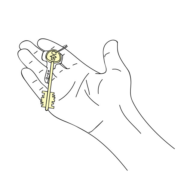 手握房门钥匙的草图。房地产的概念销售，购买，提供，购买房子。黑白涂鸦，手绘形象。向量图片下载