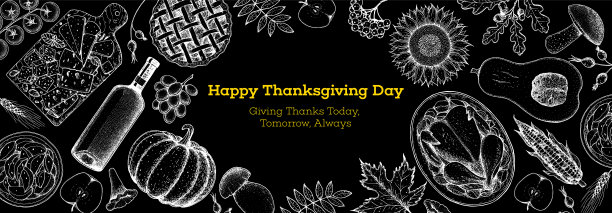 感恩节食物横幅设计。感恩节插图。食物手绘草图。有火鸡的节日晚餐。秋季粮食草图。雕刻的形象。向量感恩节背景。图片下载