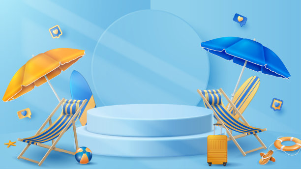 夏季展示平台装饰背景与海滩装饰。向量的三维演示图片下载