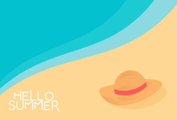你好,夏天。海滩和草帽。图片下载