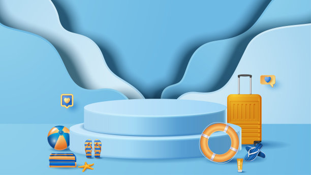 夏季展示平台装饰背景与海滩装饰。向量的三维演示图片下载