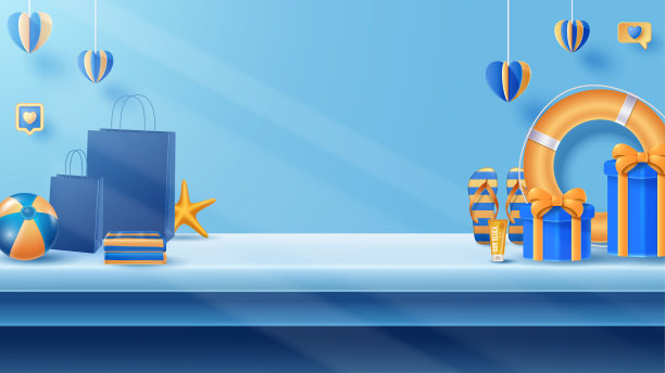 夏季展示平台装饰背景与海滩装饰。向量的三维演示图片下载