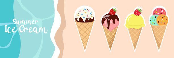 巧克力冰淇淋，爱斯基摩人和夏天棕榈滩的海报。向量冰淇淋粘巧克力釉和坚果粘在沙滩树枝上模糊的海景图片下载