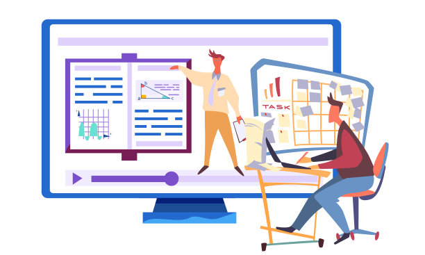 在办公室工作的男人。电脑显示器上的一个人站在一本书旁边。业务办公室图片下载