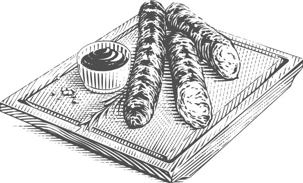 烤香肠在砧板上手绘草图图片下载