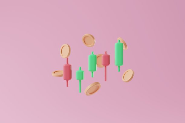 烛台指示和图表与货币硬币在粉红色的背景。加密货币、股票投资概念。三维渲染图片下载