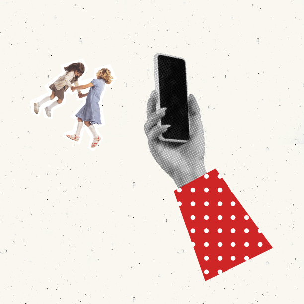 当代艺术拼贴。概念上的形象。女人的手录制两个女孩的视频，孩子们跳舞，玩得很开心图片下载