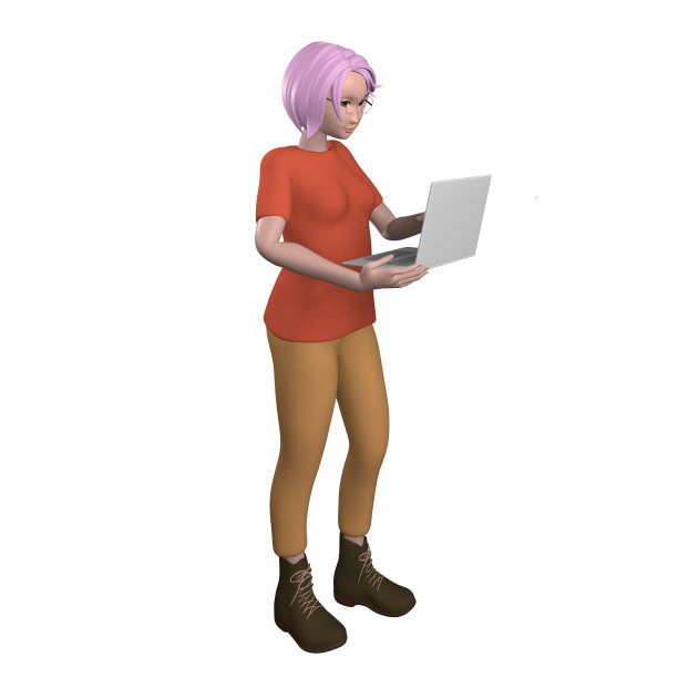 淡紫色头发的摩登摩登女郎正拿着笔记本电脑站在那里。3 d演示。图片下载