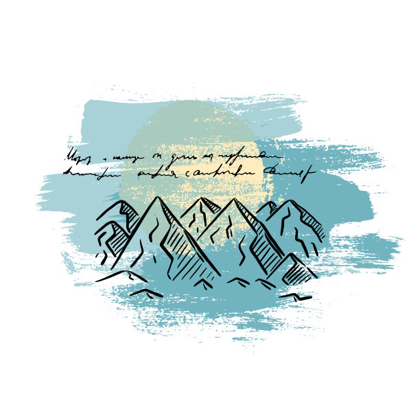 复古素描海报与黑色山阳光在黄粉色的背景。的自然图形。手绘文字写图纸。矢量艺术彩色设计。图片下载