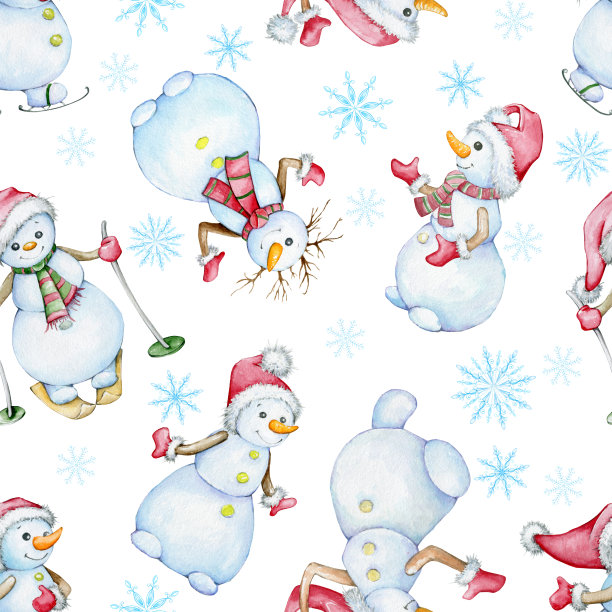 雪人，雪花，卡通风格。水彩无缝图案，以冬季为主题，手绘。图片下载